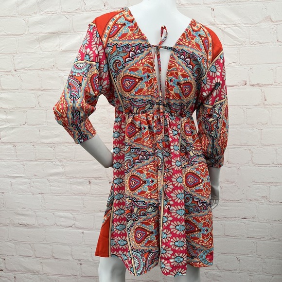 Women's Bohemian Short Floral Dress V-Neck, 3/4 Sleeve Outfit Size S - Picture 6 of 15